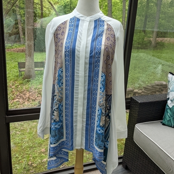 Chico's Bu Tunic Blouse SharkBite Size 1/M Kimono Collar Handkerchief new - Picture 2 of 6